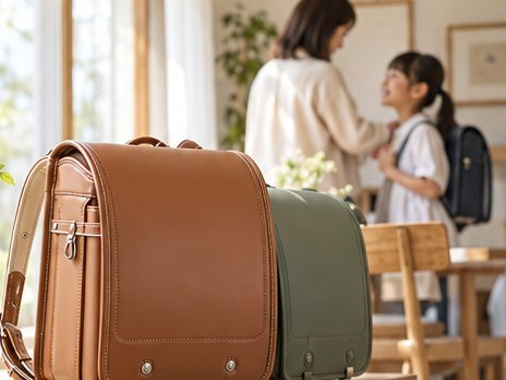 木の机に置かれたキャメルと緑のランドセル(イメージ写真)